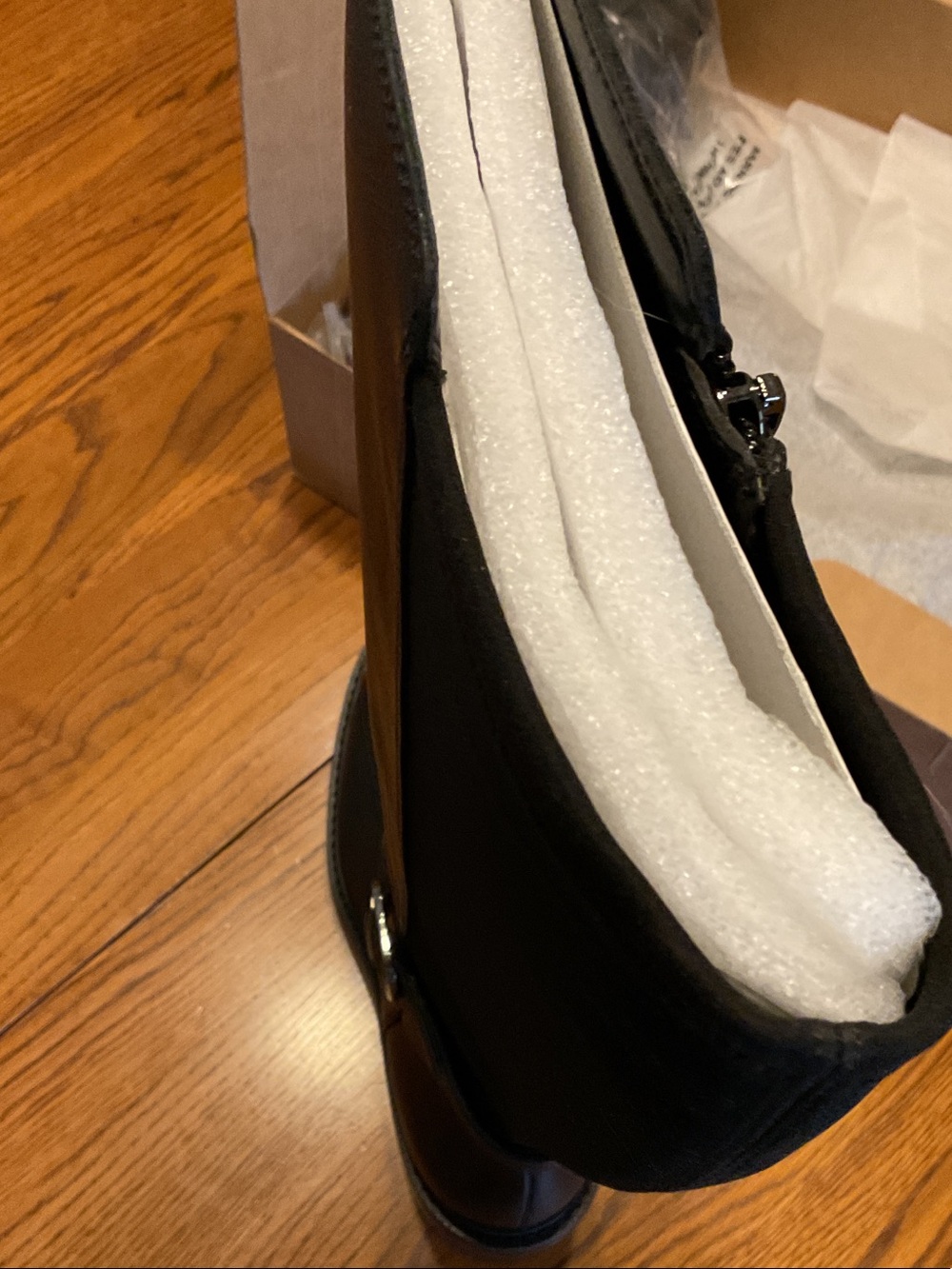 New Vince Camuto Black Leather Knee-High Buckle Boots, Stretch Fabric Back - Picture 5 of 8